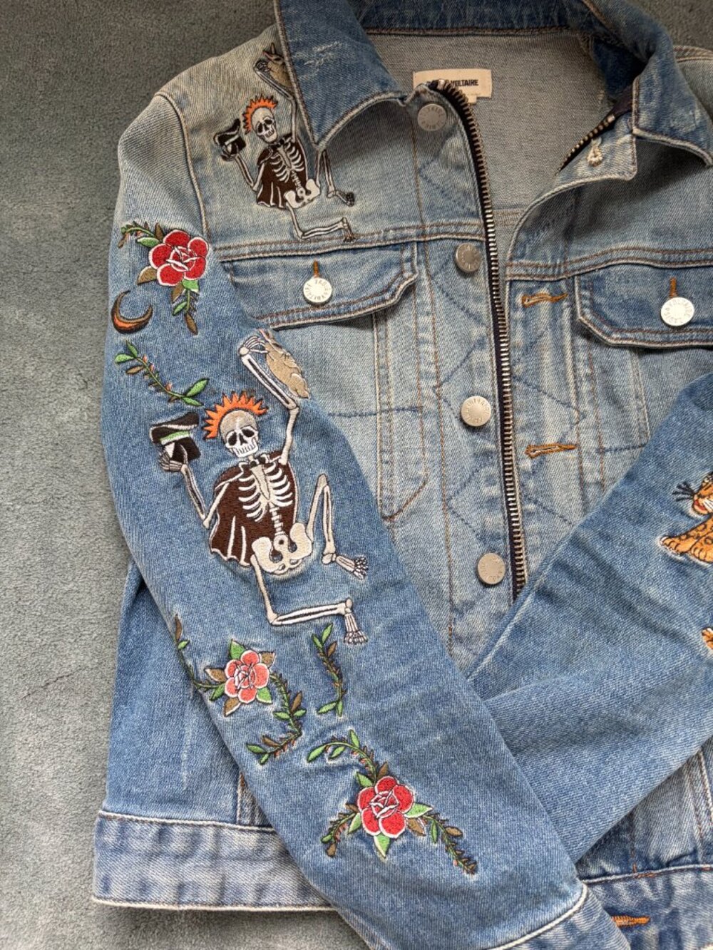 he Zadig & Voltaire Women's Blue Skeleton Tiger Embroidered Denim Jacket in size